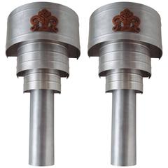 Huge Pair of American Art Deco Theater Sconces in Brushed Aluminium and Bronze. 