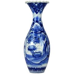 18th or 19th Century Japanese Arita Blue and White Bottle Vase with Frilled Rim