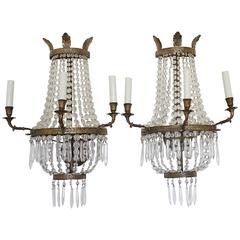 Pair of Beautiful Brass and Crystal Empire Style Sconces