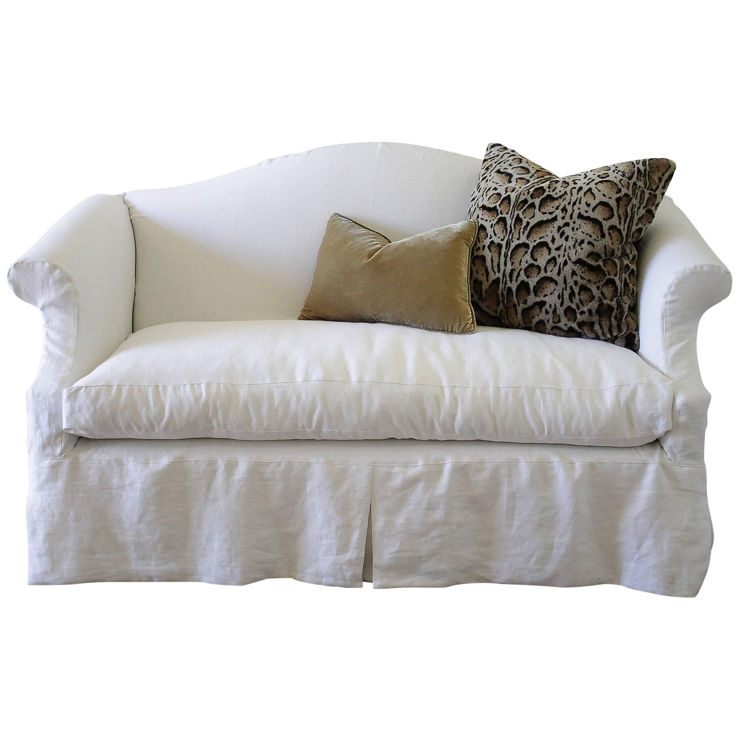 Custom Slip Covered Chippendale Style Loveseat in White Belgian Linen