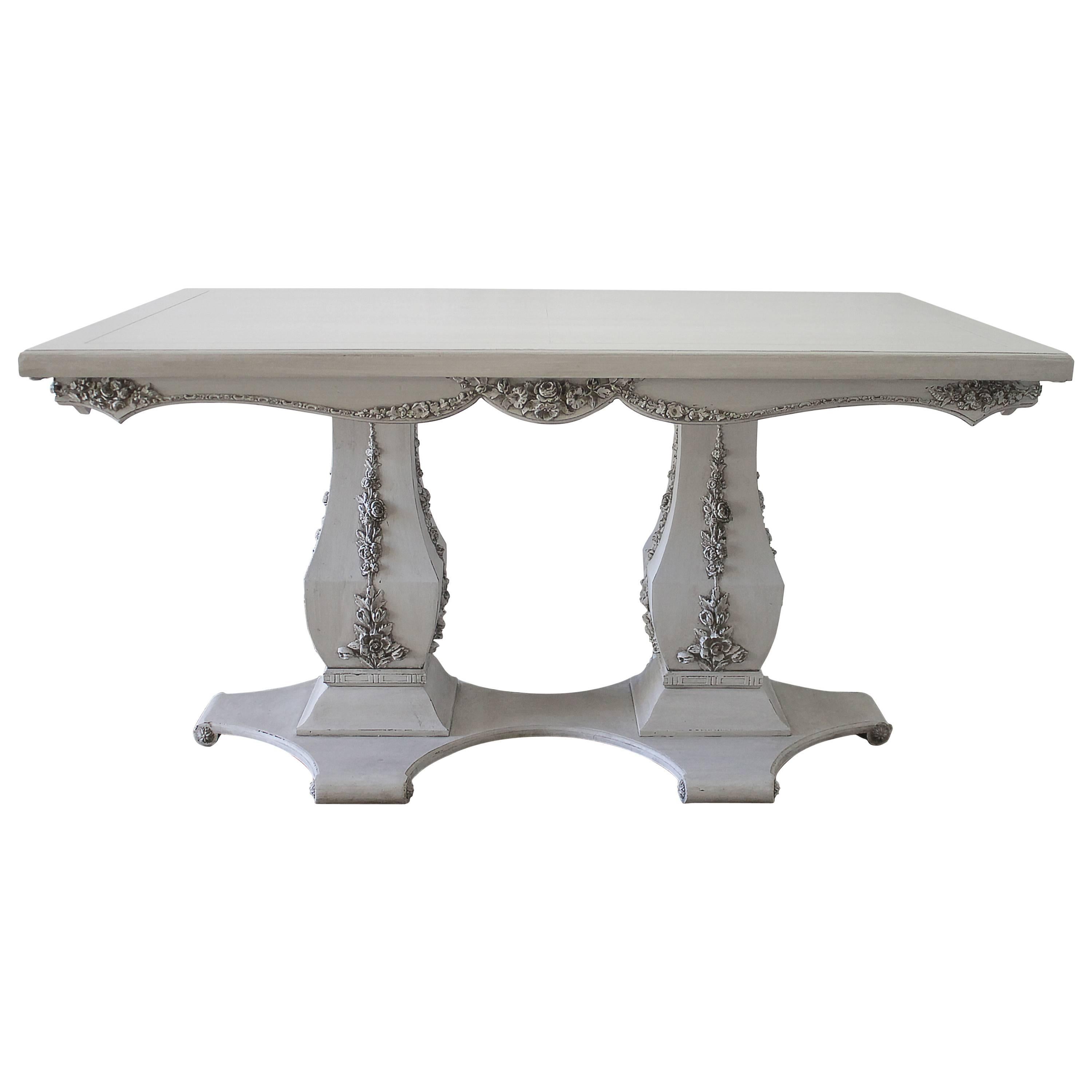 Vintage Rose Carved Double Pedestal Dining Table