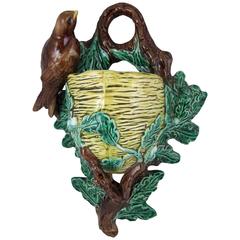 Antique Late 19th Century, English Majolica Joseph Roth Bird & Nest Hanging Wall Pocket