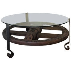 Wooden Wagon Wheel Indutrial Accent Spanish Table with Glass Top 