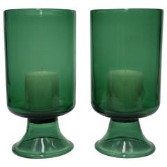 Beautiful Pair of Urn Form Blown Glass Emerald Green Hurricane Lamps