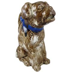 French Barbotine Majolica George Dreyfus Dog in Blue Collar Pitcher/Jug