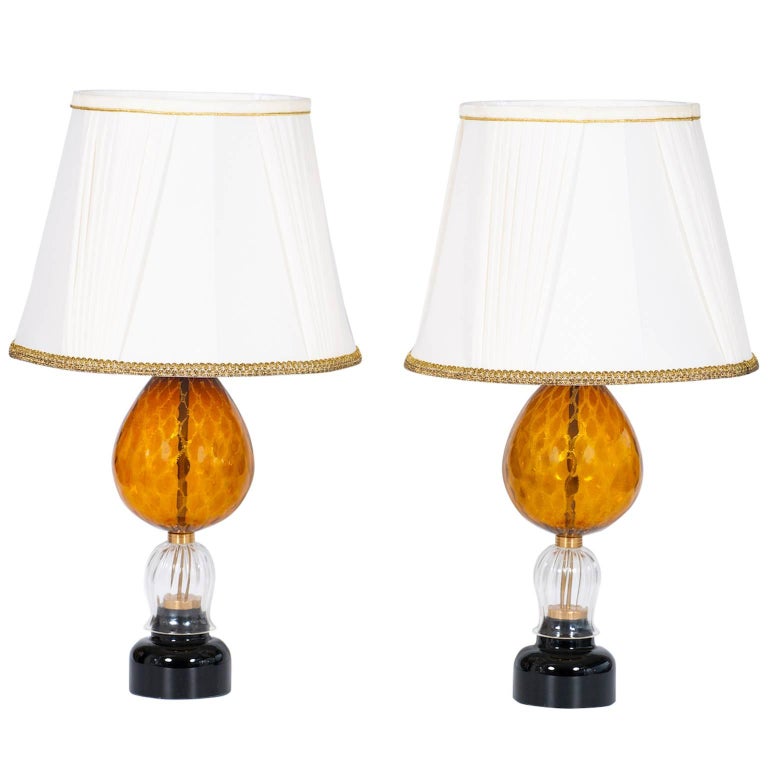Italian Venetian, Pair Table Lamps, blown Murano Glass, Amber & Dark, 1970s For Sale