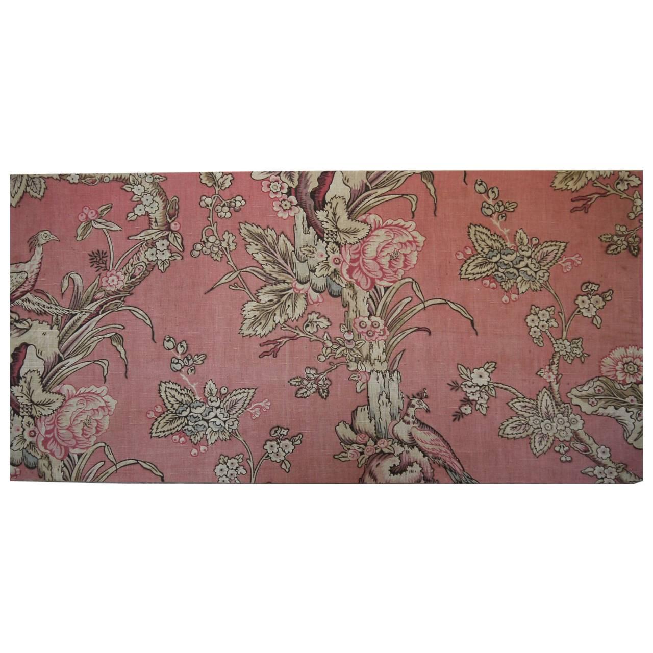  Birds and Roses Dusty Pink Linen Textile on Stretcher French 19th century For Sale