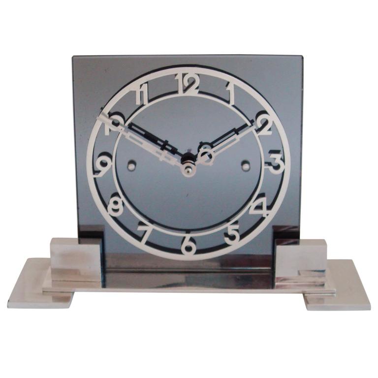 Large French Art Deco Mantle Clock in Chrome, Aluminium and Gray Mirror