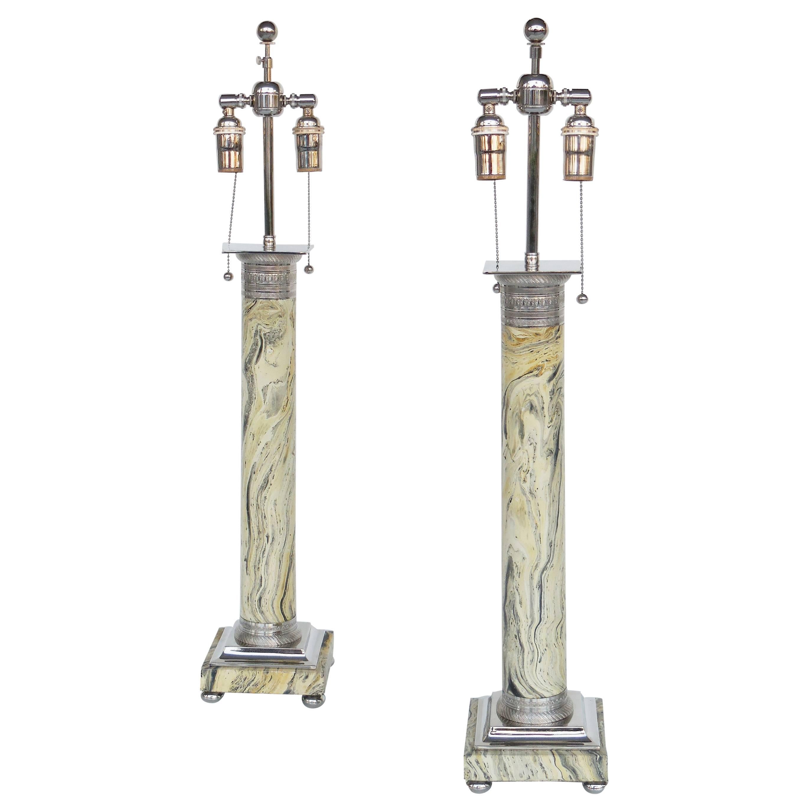 Pair of Neoclassical Faux Marble and Nickel Column Lamps