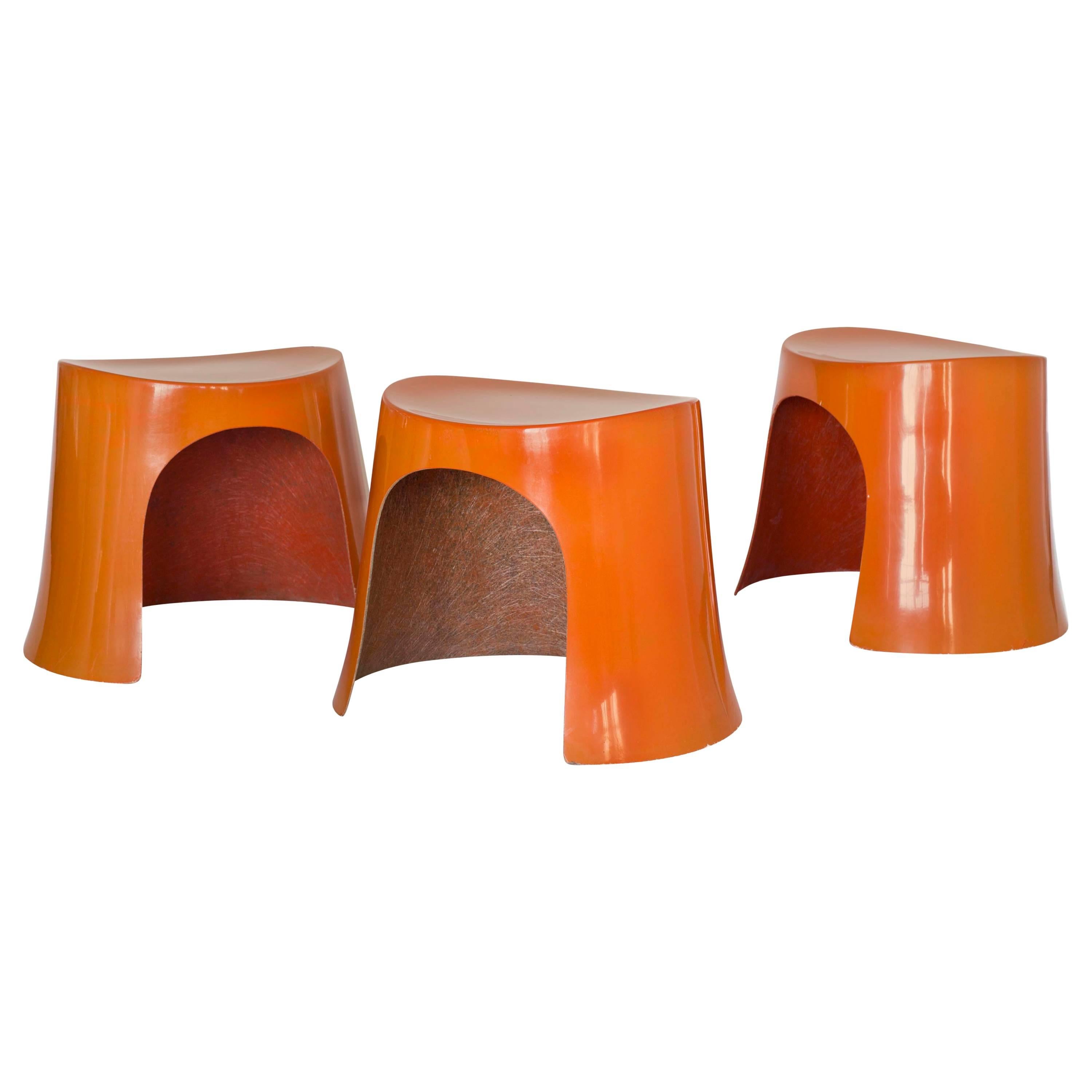 Nanna Ditzel, Set of Three Orange Fibreglass Stools, 1969