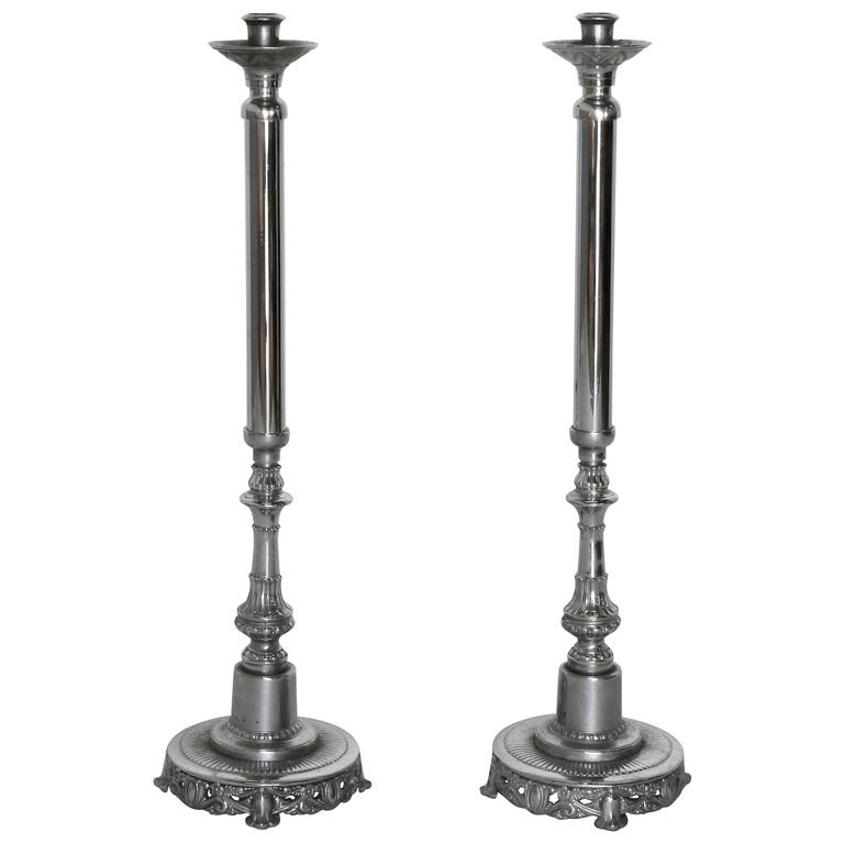 Pair of Silverplated Altar Floor Candlesticks For Sale at 1stdibs