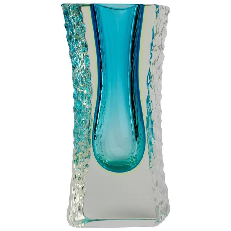 Vintage Textured And Faceted Murano Sommerso Blue Ice Glass Vase