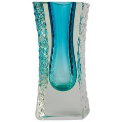 Large Textured and Faceted Murano 'Sommerso' Blue Ice Glass Vase by Mandruzzato 5