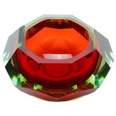 Faceted Red and Green Murano Sommerso Cut Glass Bowl Attributed to Mandruzzato 