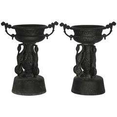 Pair of Cast Iron Garden Urns with Cranes 4