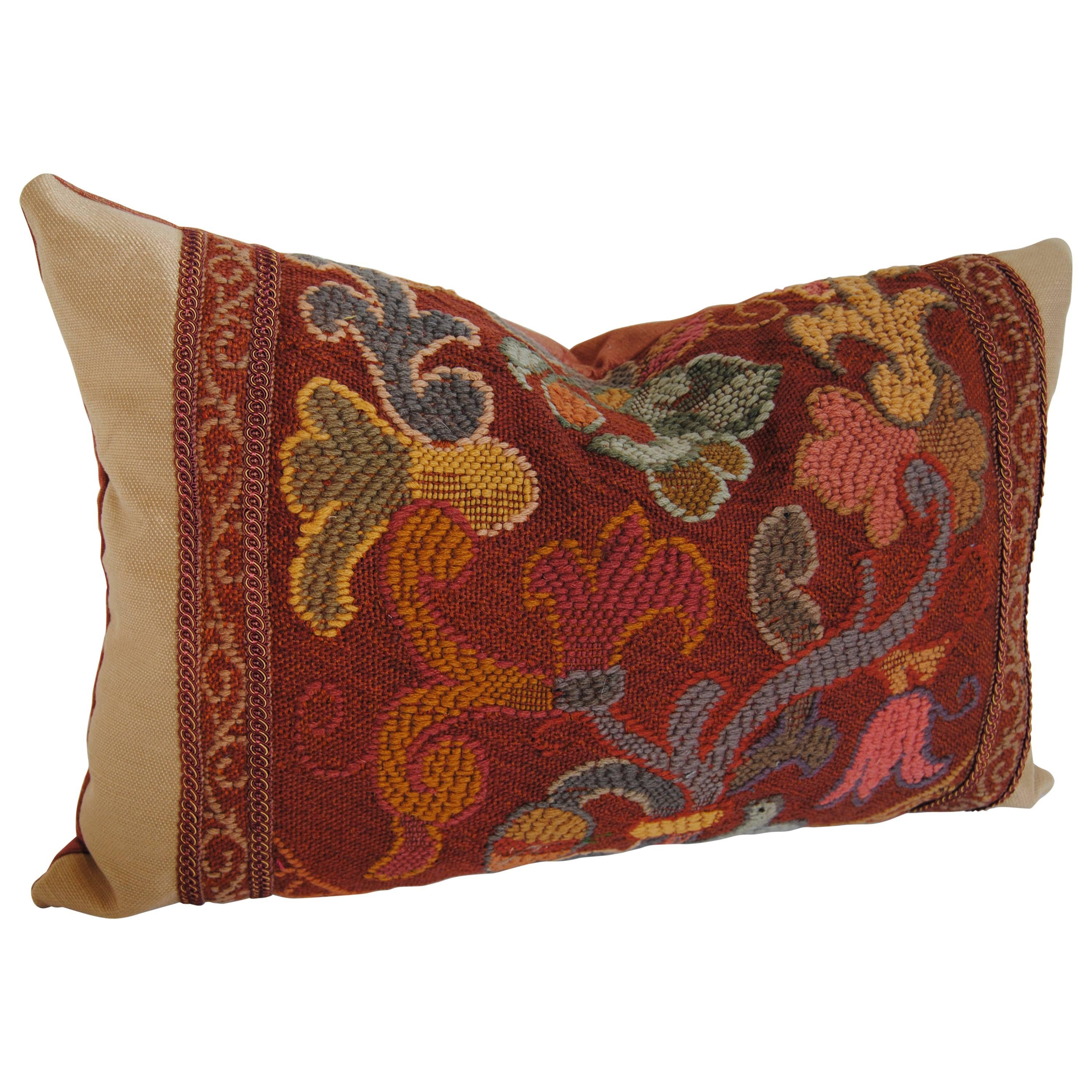 French Hand-Loomed Woolwork Pillow, Late 19th Century For Sale