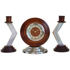 German Art Deco Geometric Clock & Candlestick Set in Chrome & Oak.