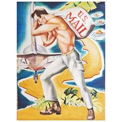 "Hauling Mail, South Pacific," Stunning Art Deco World War II Ptg. with Sailor