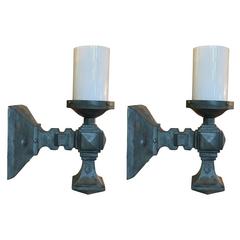 Pair of Cast Iron Geometric Wall Sconces with Milk Glass Cylinder Shade
