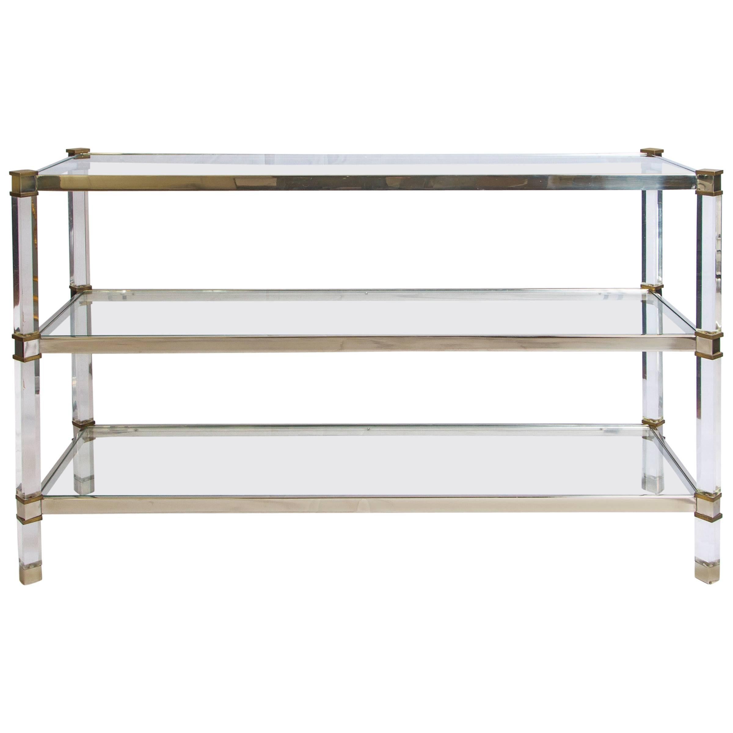 Three-Tier Lucite Brass and Aluminum Console  For Sale