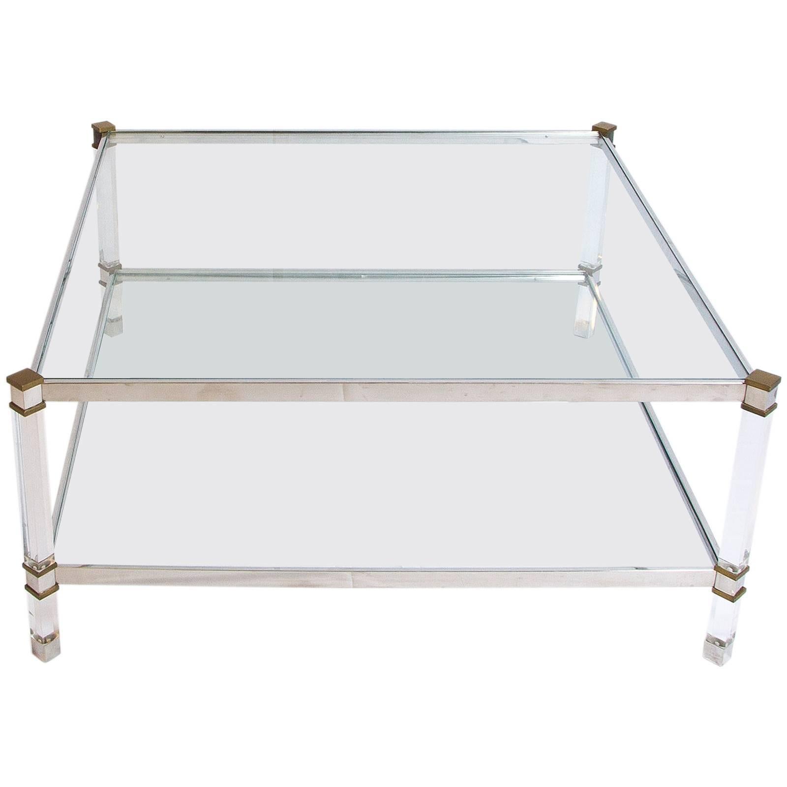 Two-Tier Lucite Brass and Aluminum Coffee Table