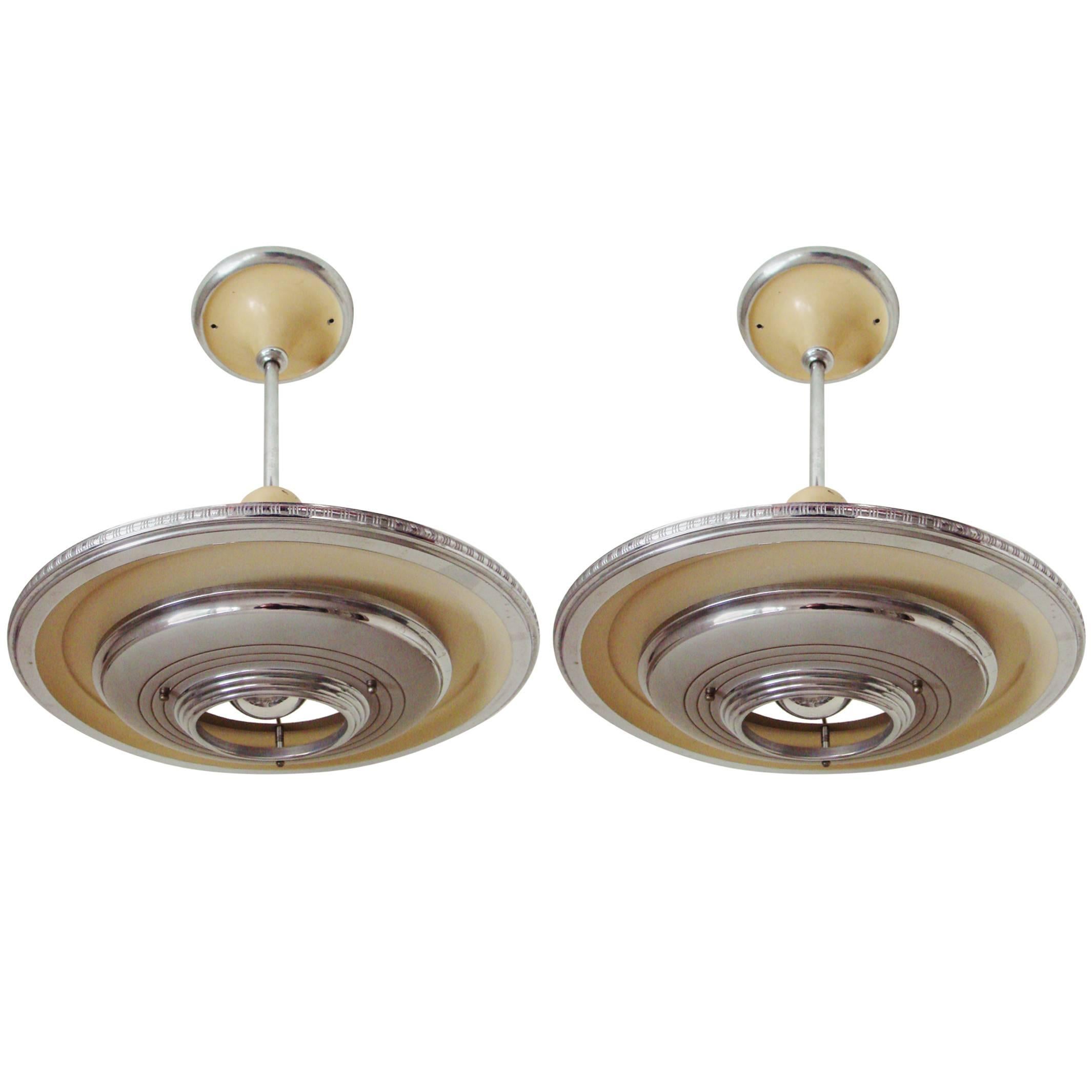Pair of American Art Deco Ceiling Lamps in Chrome with Cream, Gray & Red Paint 