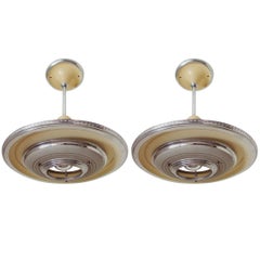 Pair of American Art Deco Ceiling Lamps in Chrome with Cream, Gray & Red Paint 