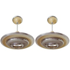 Pair of American Art Deco Ceiling Lamps in Chrome with Cream, Gray & Red Paint