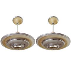 Pair of American Art Deco Ceiling Lamps in Chrome with Cream, Gray & Red Paint 3
