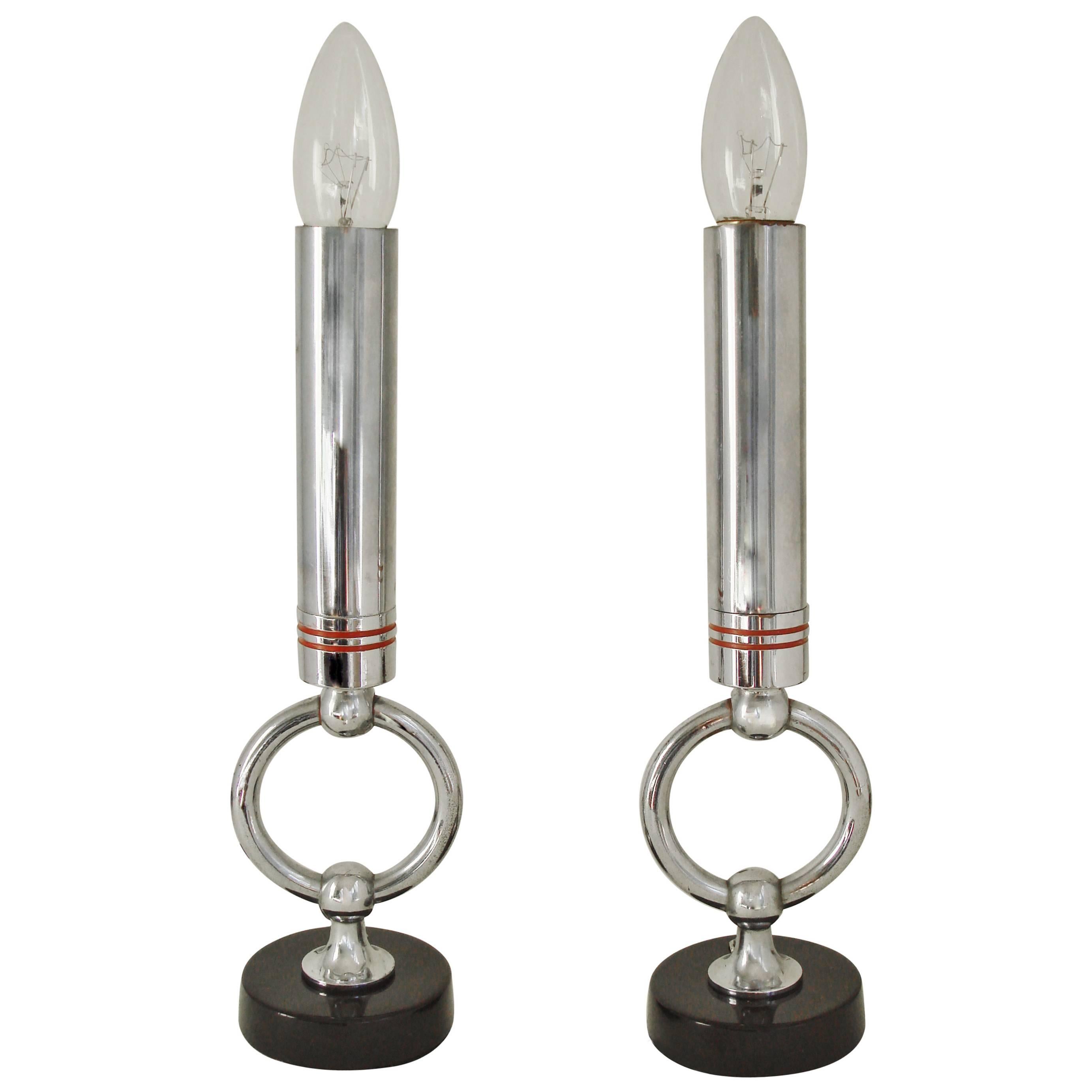 Pair of American Art Deco Chrome, Red and Black Paint Electric Candlestick Lamps For Sale