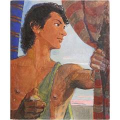 "Male Youth at Sunset," Vivid Art Deco Painting by Dunbar Beck, WPA Muralist
