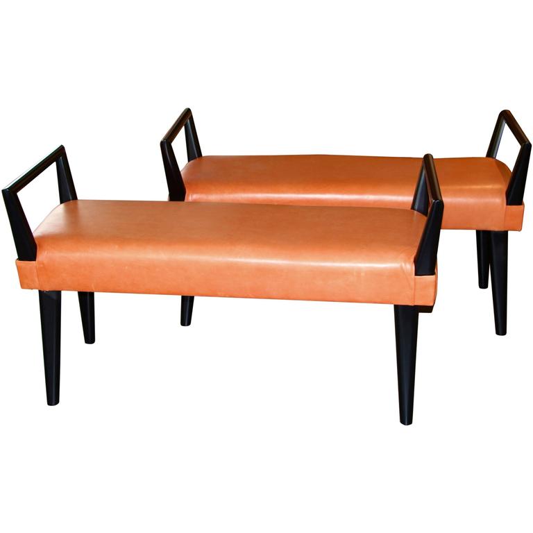 Pair of Orange Leather and Wood Benches at 1stDibs