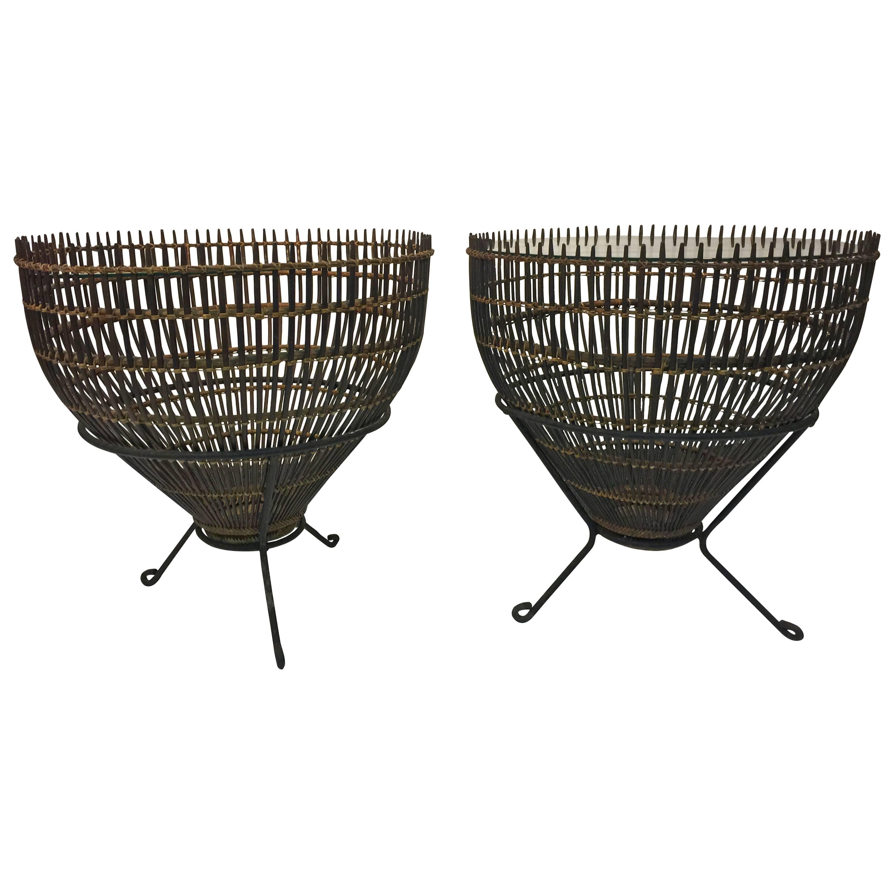 Fantastic Pair of Franco Albini Rattan Fish Basket Side Tables For Sale