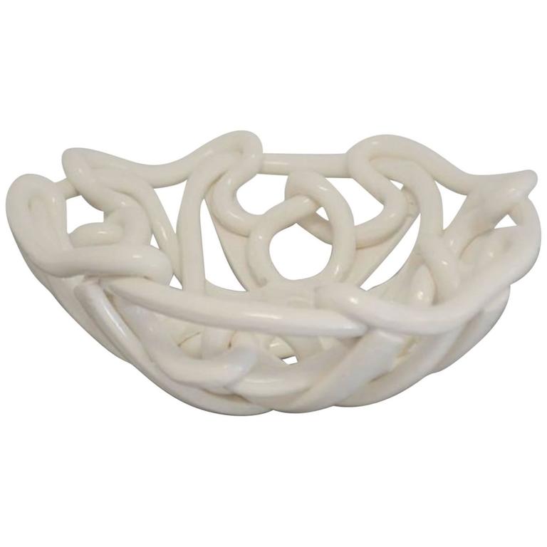Midcentury White Glazed Woven Ceramic Bowl For Sale at 1stDibs