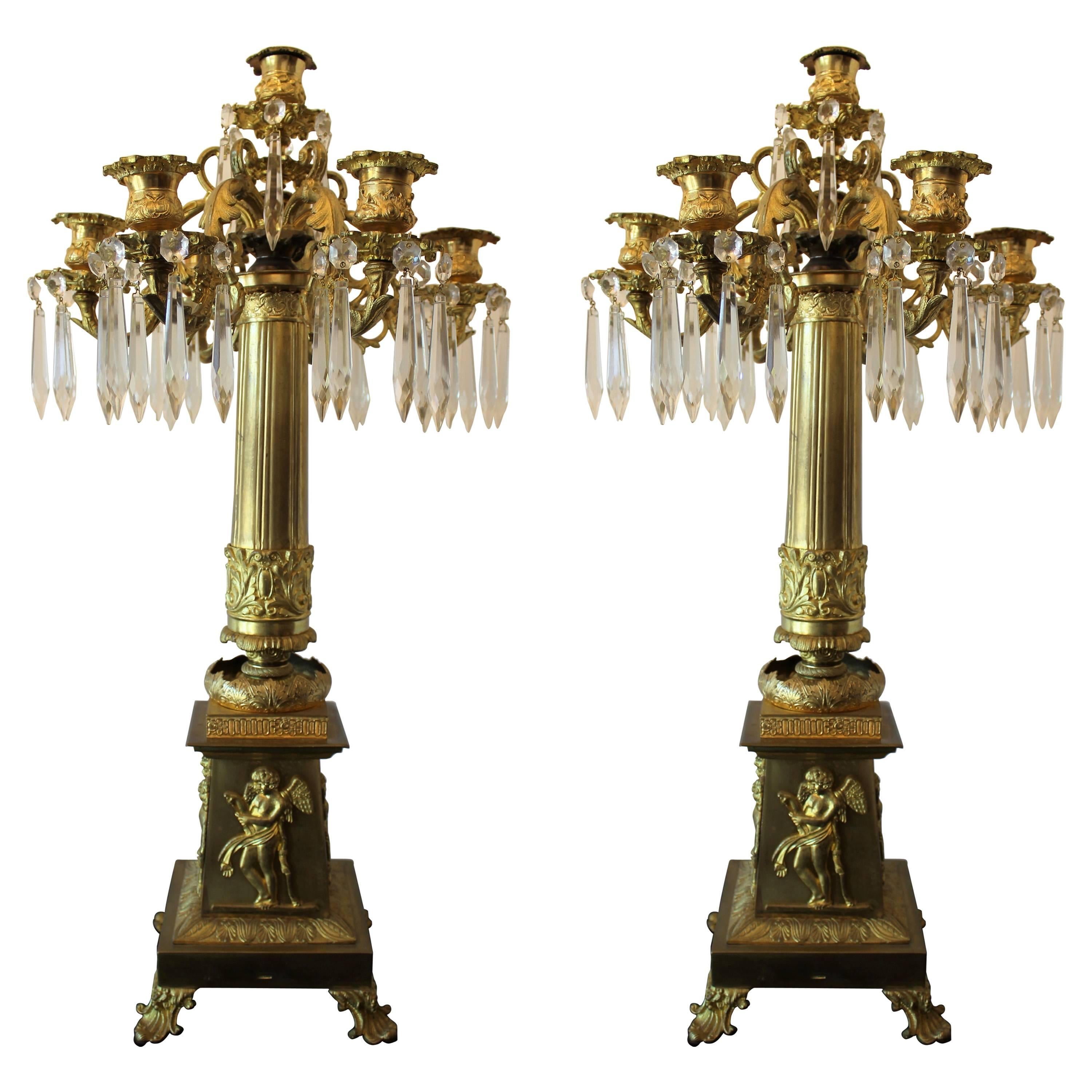 Pair of Russian Ormolu Patinated Bronze and Crystal Candelabras by P. Chizhov