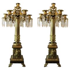 Antique Pair of Russian Ormolu Patinated Bronze and Crystal Candelabras by P. Chizhov