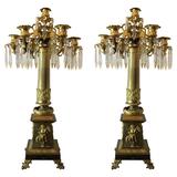 Pair of Russian Ormolu Patinated Bronze and Crystal Candelabras by P. Chizhov