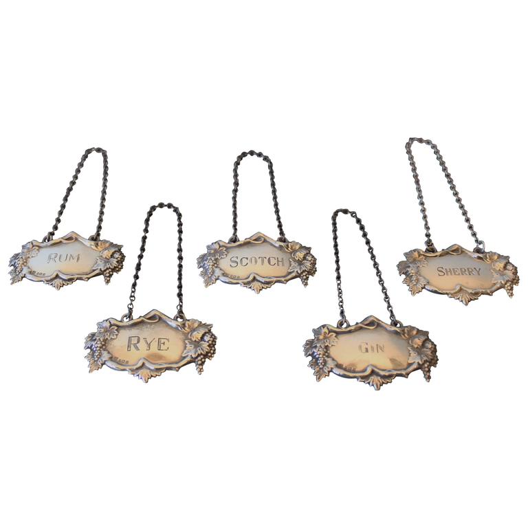 Set of Five Sterling Silver Liquor Decanter Labels at 1stDibs