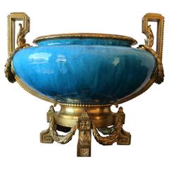 French Majolica Glazed Sevres Attributed Centerpiece with Gilt Bronze Mounts