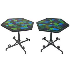 Vintage Terrific Pair of Hexagonal Ceramic Tile Top End or Side Tables with Iron Bases