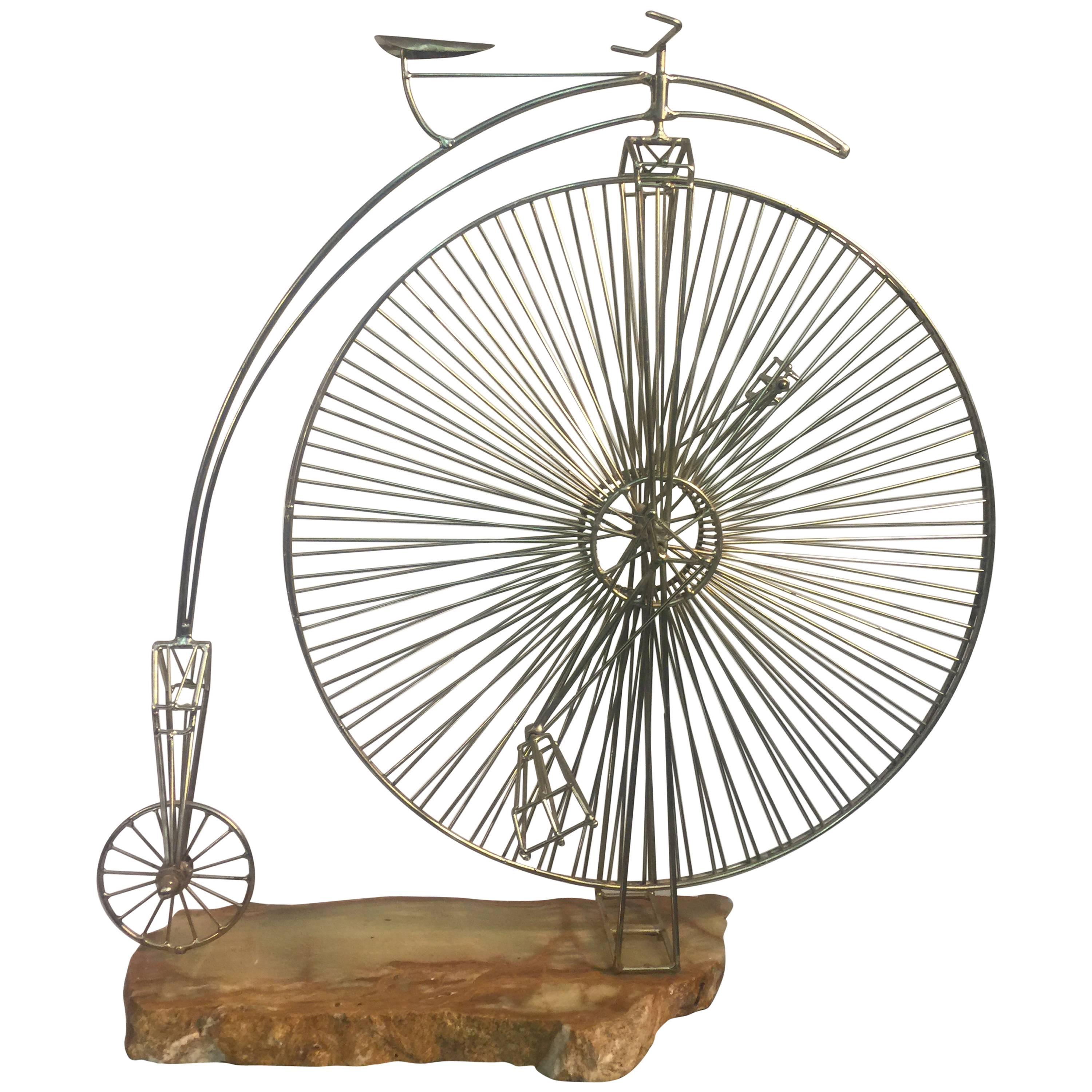 Rare High Wheel Curtis Jere Bicycle Sculpture Mounted on an Onyx Base For Sale