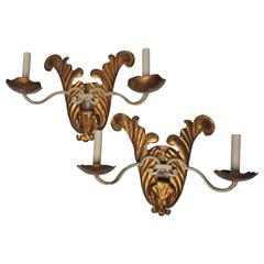 Beautiful Vintage Pair of White Iron and Copper Gilt Tole Sconces 8