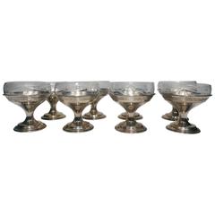 Antique Set of 8 Sterling Silver & Crystal Champagne Coup or Dessert Glasses 