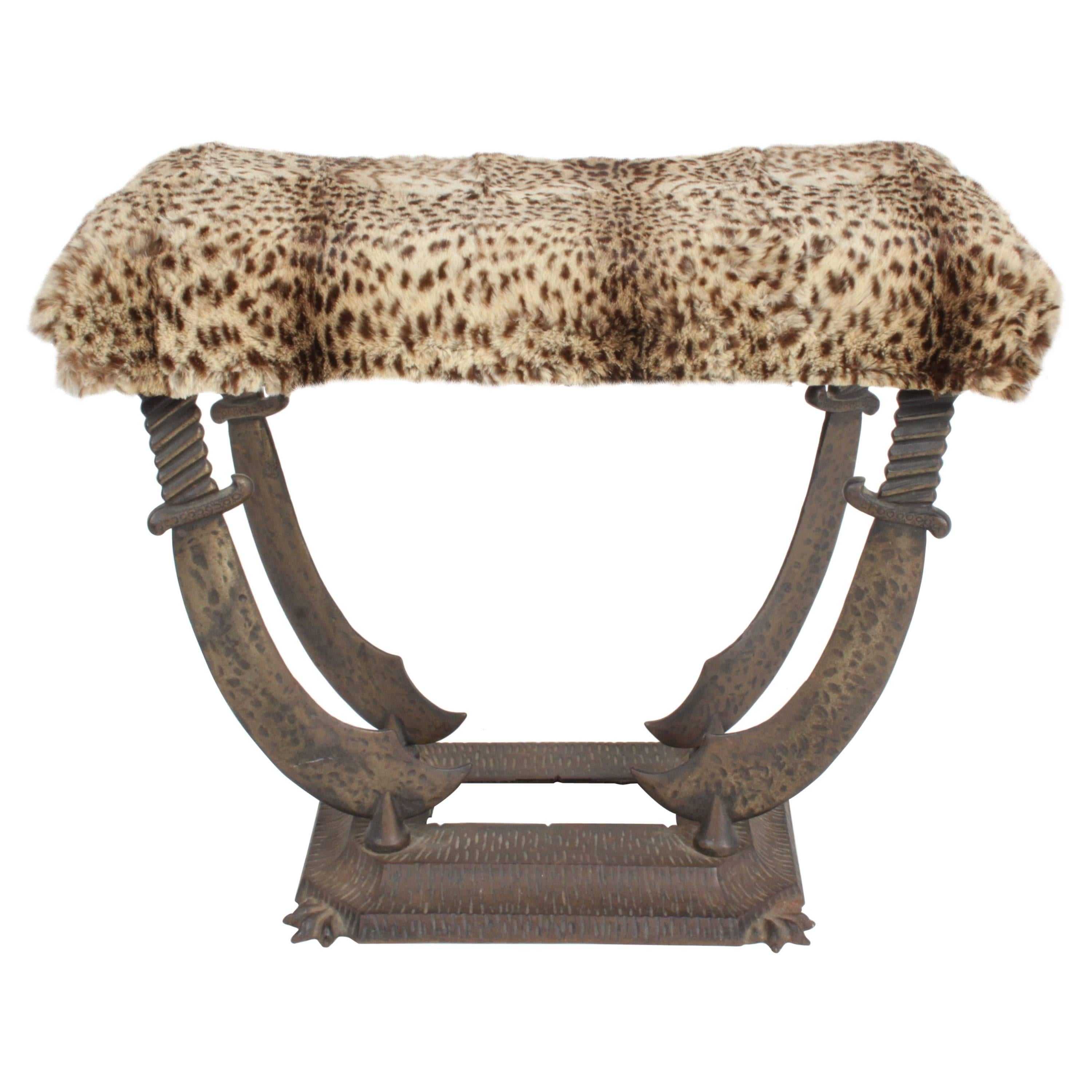 Art Deco Sabre Cast Iron Bench or Stool with Leopard Upholstery by Verona For Sale