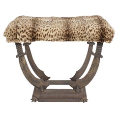 Antique Art Deco Sabre Cast Iron Bench or Stool with Leopard Upholstery by Verona