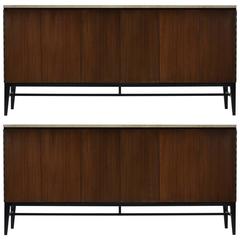 Pair of Paul McCobb Irwin Collection Mahogany and Travertine Credenzas