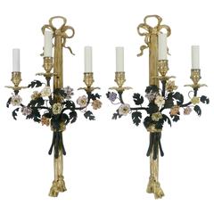Pair of Louis XVI Style Gilt Bronze and Porcelain Flower Two-Light Sconces 12