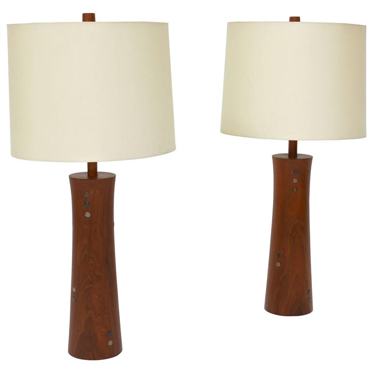 Pair of Turned Walnut and Tile Table Lamps by Gordon and Jane Martz For