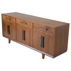 Vintage Cal-Mode Walnut Credenza with Inlaid Handles