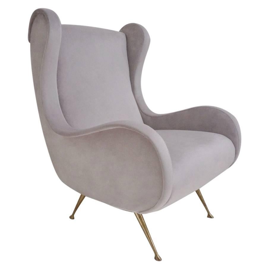 Marco Zanuso Style Senior Armchair, Available in 25 Colors of Velvet, Italian For Sale